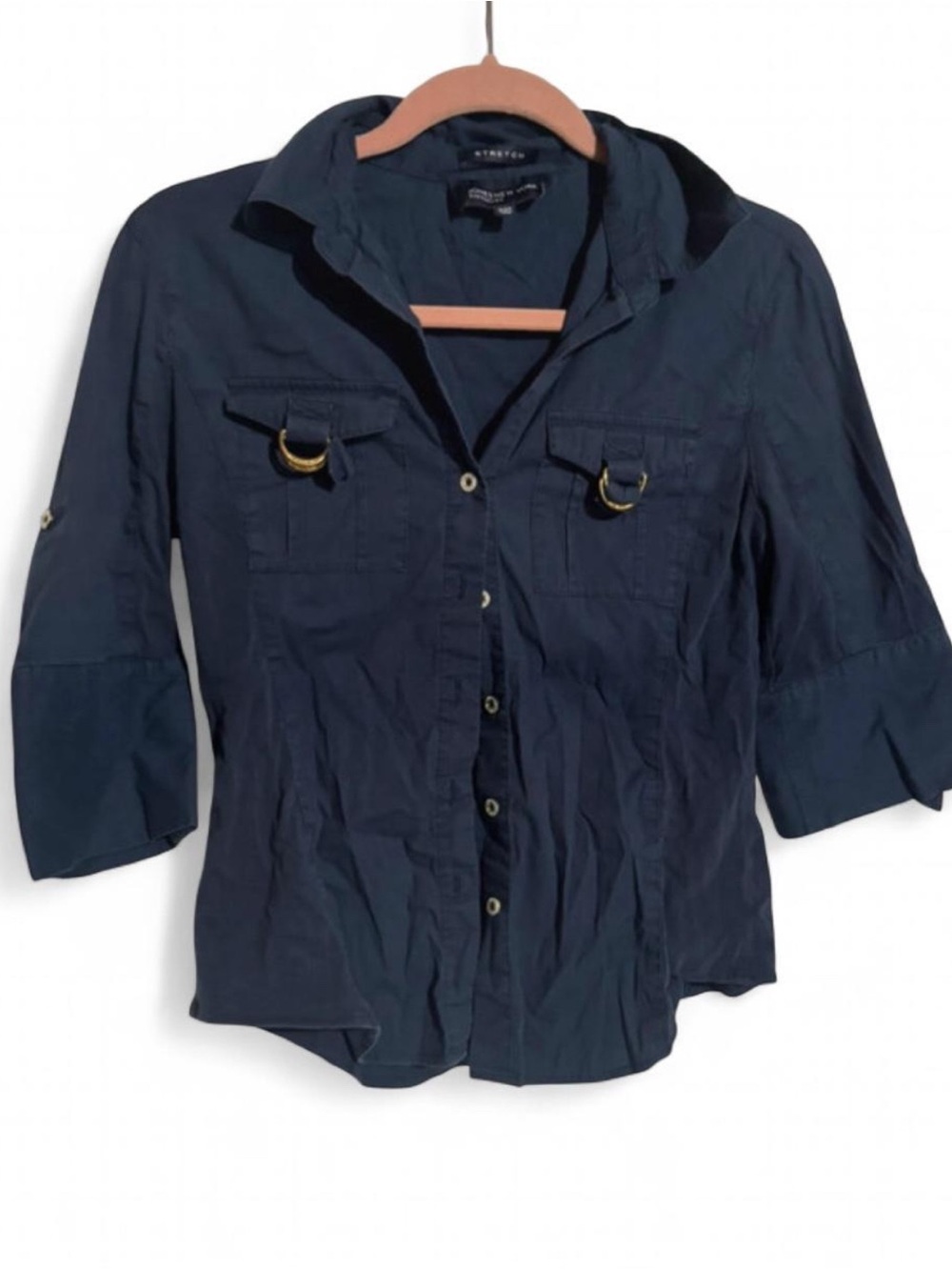 Jones New York Navy Blue Utility Button Down Blouse Gold D-Ring Stretch Small